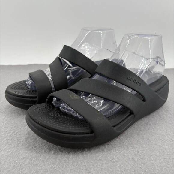 Crocs Shoe Womens 10 Black Monterey Strappy Wedge Casual Comfort Slip On Sandal - Picture 2 of 10